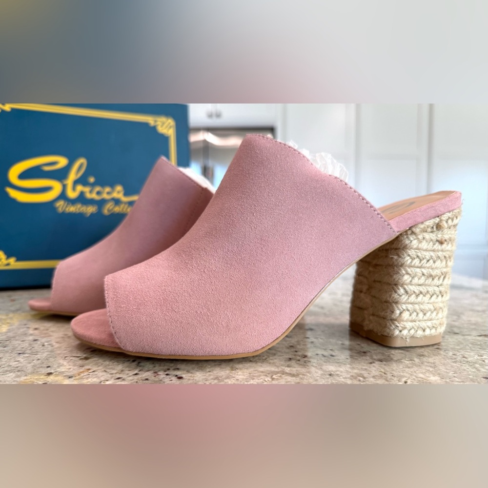Sbicca Blush Suede Mules with Woven Heel Sandal NIB